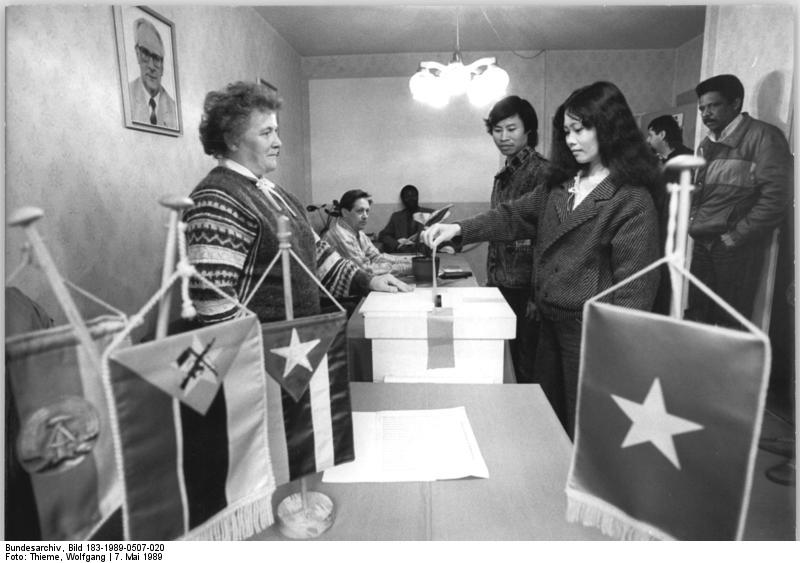 Foreign guest workers vote for the communal elections in the GDR 1989, where later the opposition found out about massive voter fraud.