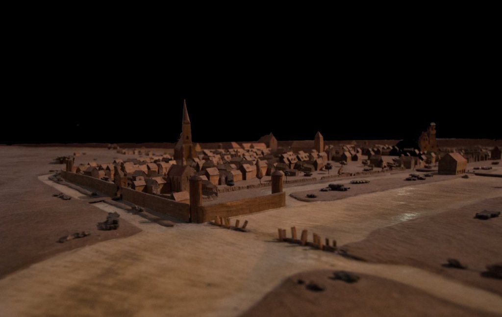 DEtailansicht, Berlin um 1450 mit der Marienkirche im Vordergrund.