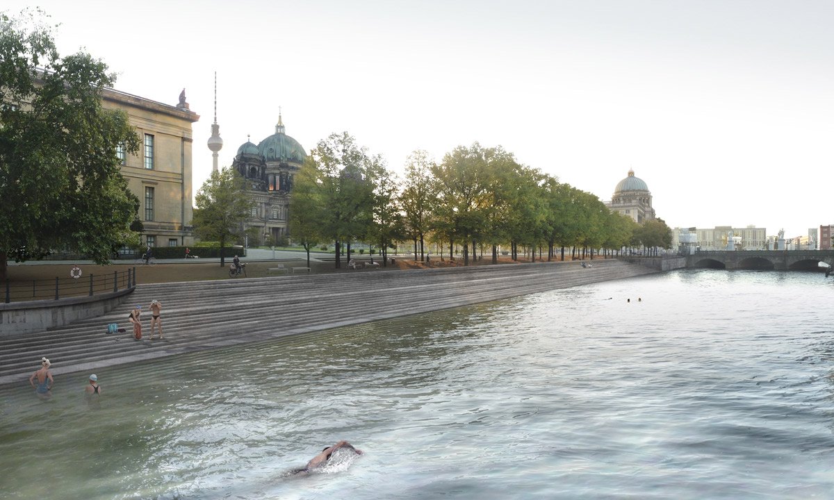 Freitreppe am Lustgarten a group of people swimming in a body of water