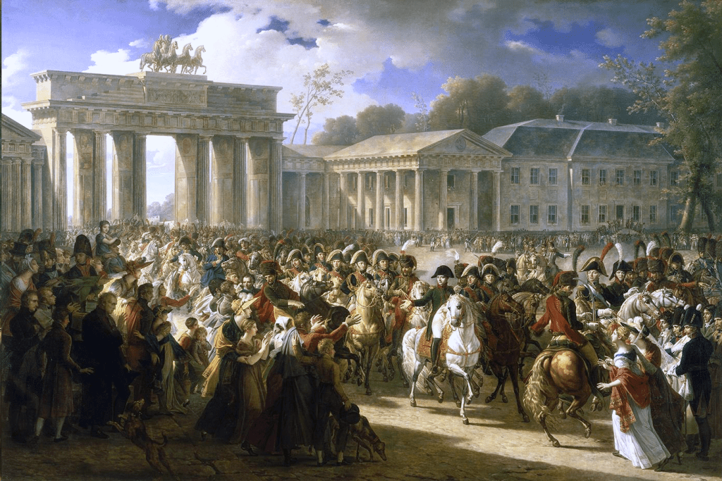 Napoléns Einzug durch das Brandenburger Tor, nach der Eroberung Berlins im Jahr 1806 in einem Gemälde von Charles Meynier. Noch ist die Quadriga an Ort und Stelle, kurze Zeit später jedoch schon demontiert und auf dem Weg nach Paris. NAch der Rückführung durch General Blücher haben die Berliner die Statue scherfzhaft als Retourkutsche bezeichnet und aus der Friedensgöttin flugs eine Siegesgöttin gemacht.