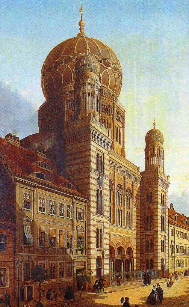 Emil de Cauwer hat diese Ansicht der Neuen Synagoge in der Oranienburger Straße erstellt, auch heute noch ein beeindruckendes BAuwerk, auch wenn nur die Front erhalten ist.