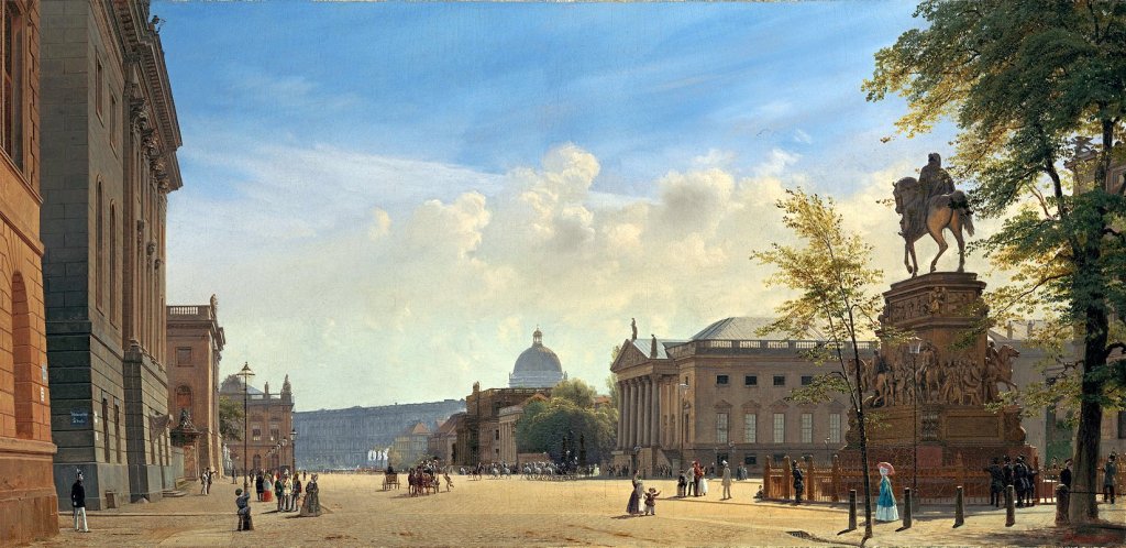 Eduard Gärtner, Unter den Linden mit Blick auf das Berliner Stadtschloß, Diese Ansicht ist tatsächlich bis heute sehr ähnlich anzutreffen, mit dem Reiterstandbild Friedrich des Großen vorne rechts, dem Zeughaus und der Neuen Wache links und bald auch wieder mit dem Schloss zentral.