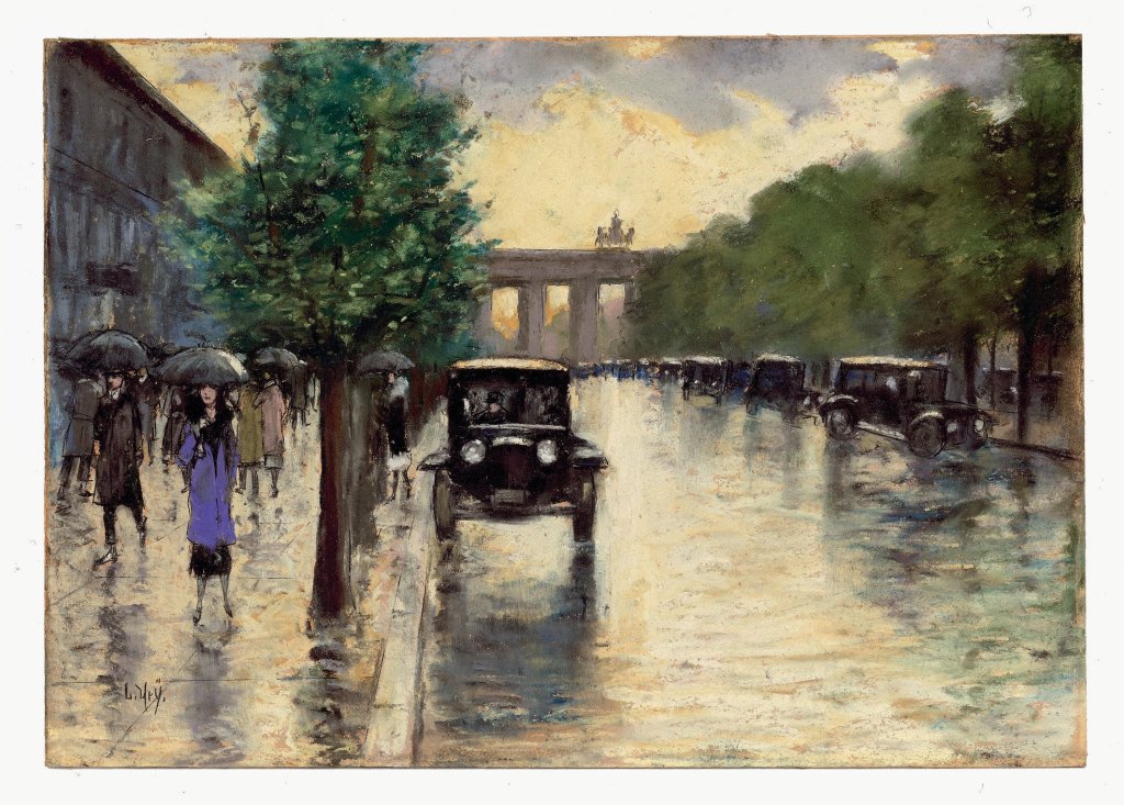 Eine weitere Ansicht des Brandenburger Tors, diesmal von Lesser Ury, dessen Umgang mit Licht und den Reflexionen regennasser Straßen ihn einige der stimmungsvollsten Berlin-Bilder hat malen lassen; 1925.