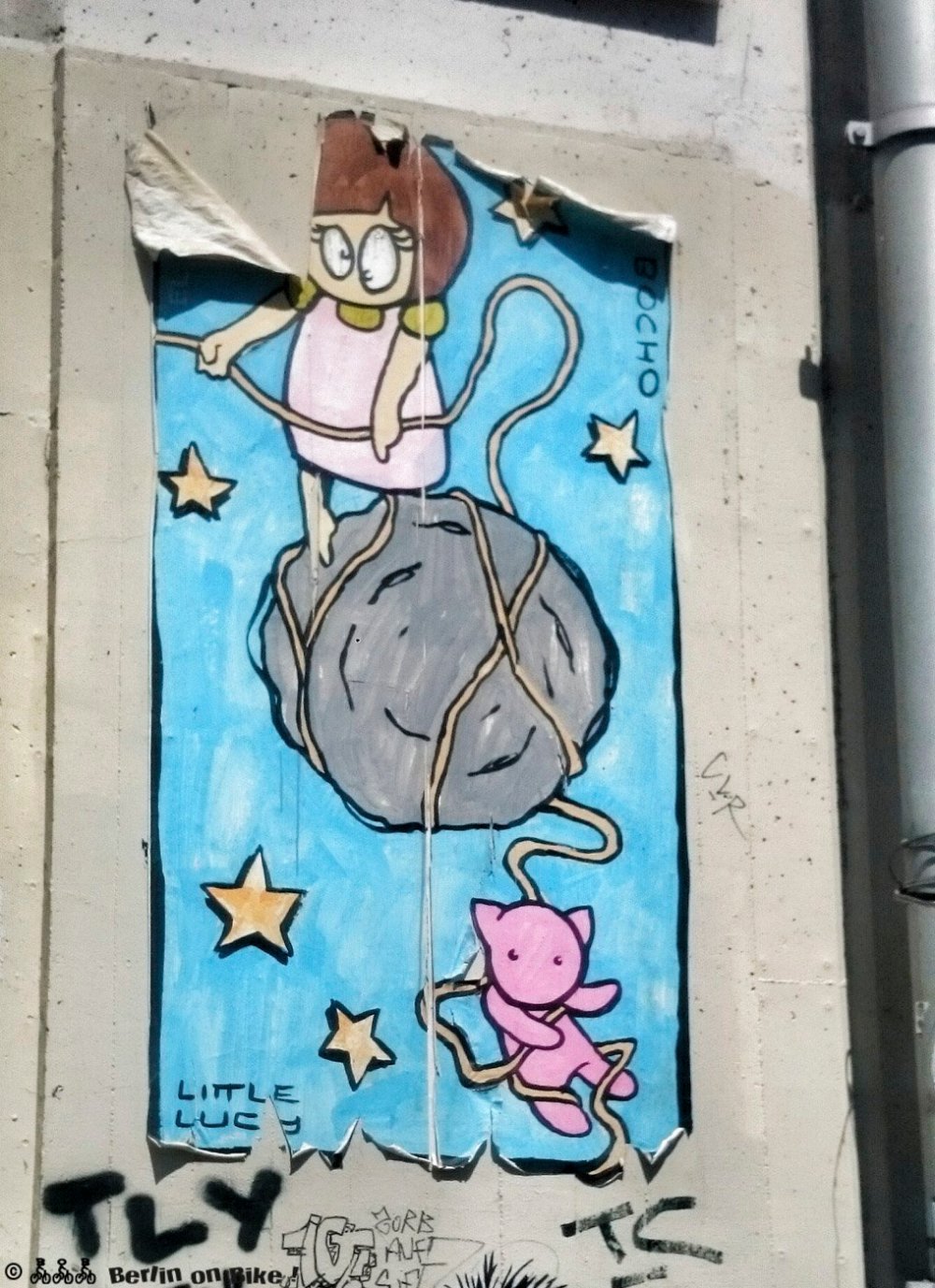 Older paste-up of Little Lucy hanging kitty from a meteor.