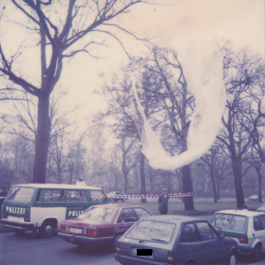 Leftovers of Winfried Freudenberg's gas balloon. before police claimed it. The last victim of the Berlin Wall has an extremely touching story. (source: private/unknown)