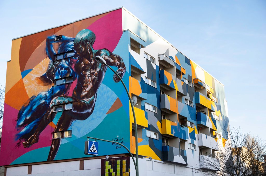 Colourful and weird Mural by Murales Collective (Nasca 1, Sokar Uno und Kera1) at Kurfürstenstraße - not sure if this really is part of One Wall or a different street art initiative.