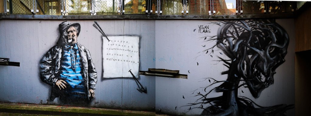It's always a bit strange when artists complain about gentrification on a legal wall they've been given by an institution that's largely financed by a real-estate developer like in this case. Great piece by Vegan Flava anyway.