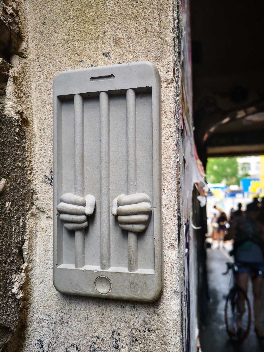 A telephone shaped prison made out of resin. 3D street art in Haus Schwarzenberg