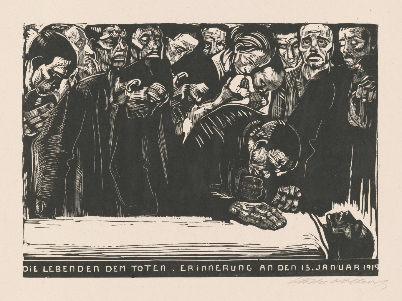 Holzschnitt von Trauernden, die sich über den Leichnam Karl Liebknechts beugen, gestaltet von Käthe Kollwitz.