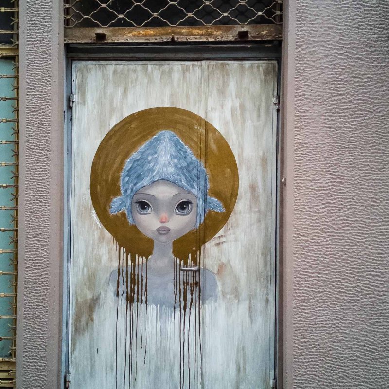 a bird sitting on top of a wooden door