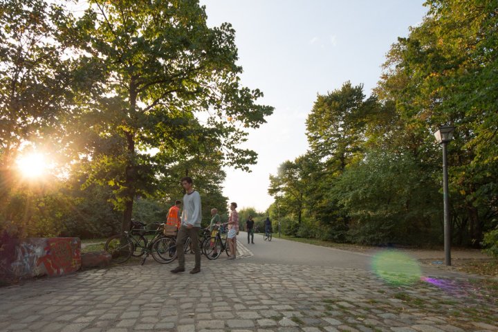 a group of people walking down a street next to a tree