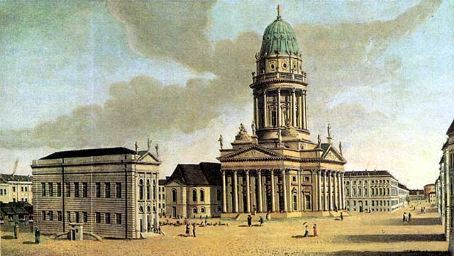 Traugott Fechhelm painted this view of Gendarmenmarkt in 1788 showing the old , much smmaller theatre before it burned down and the French protestetant church with its new tower/cupola