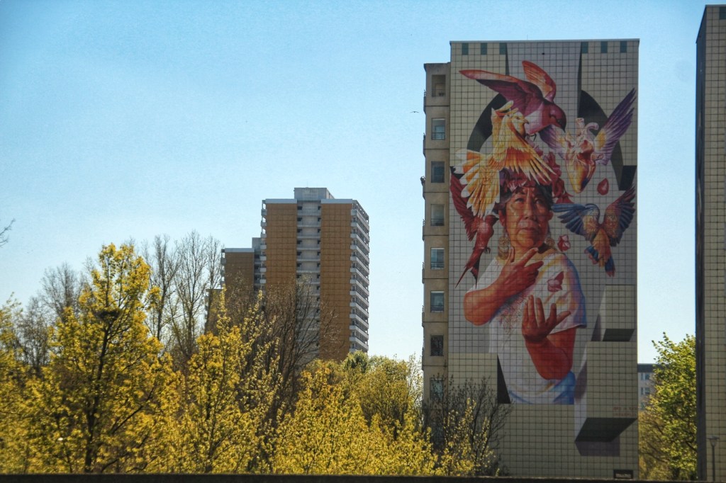 Mural an einem Hochhaus im Springpfuhl