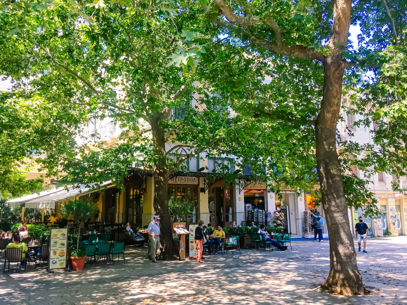 a group of people walking down a street next to a tree