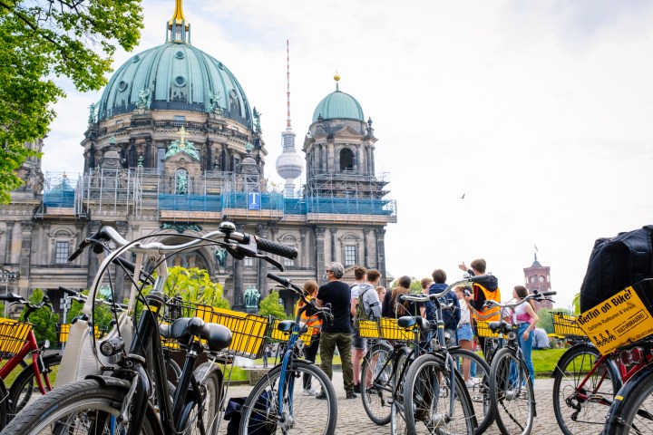 a bicycle parked in front of a building